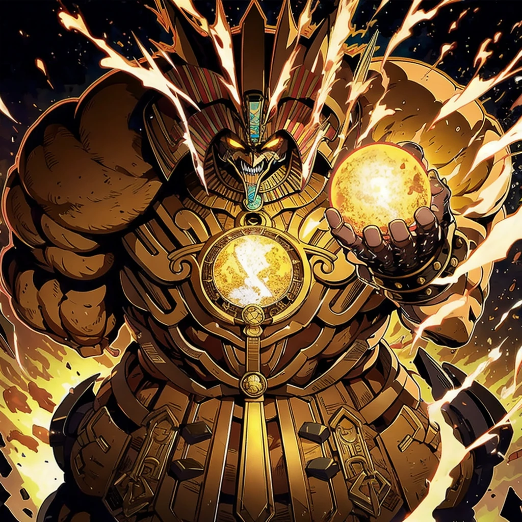 Dark art:1.5 , amber and black colors pallet:1:5 , a highly detailed, creating lightning orb , detailed anime style , biceps and arms , perfect hands , menacing look , cinematic, realistic details , masterpiece, Exodia, the legendary Egyptian villain, bodybuilder , edgy, and gigantic stance, lightning background , high contrast shadow , volumetric light , volumetric shadow , jewel , wearing intricate Egyptian gauntlets, full body
