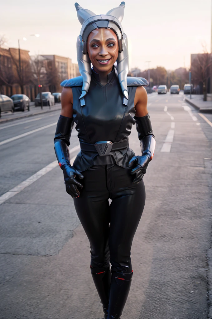 ((ahsoka )), trilla,dark skin, short black hair, yellow eyes, armor,black gloves,black bodysuit, black pants, looking at viewer, serious, smiling, standing, upper body shot, outside, , dynamic lighting, high quality, masterpiece,
