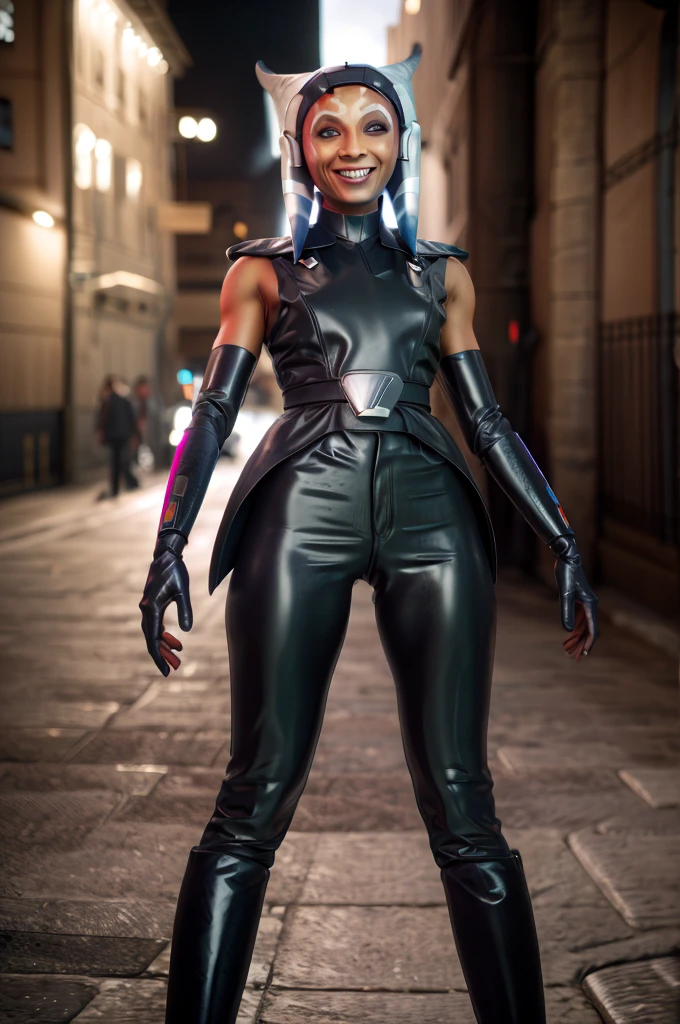 ((ahsoka )), trilla,dark skin, short black hair, yellow eyes, armor,black gloves,black bodysuit, black pants, looking at viewer, serious, smiling, standing, upper body shot, outside, , dynamic lighting, high quality, masterpiece,
