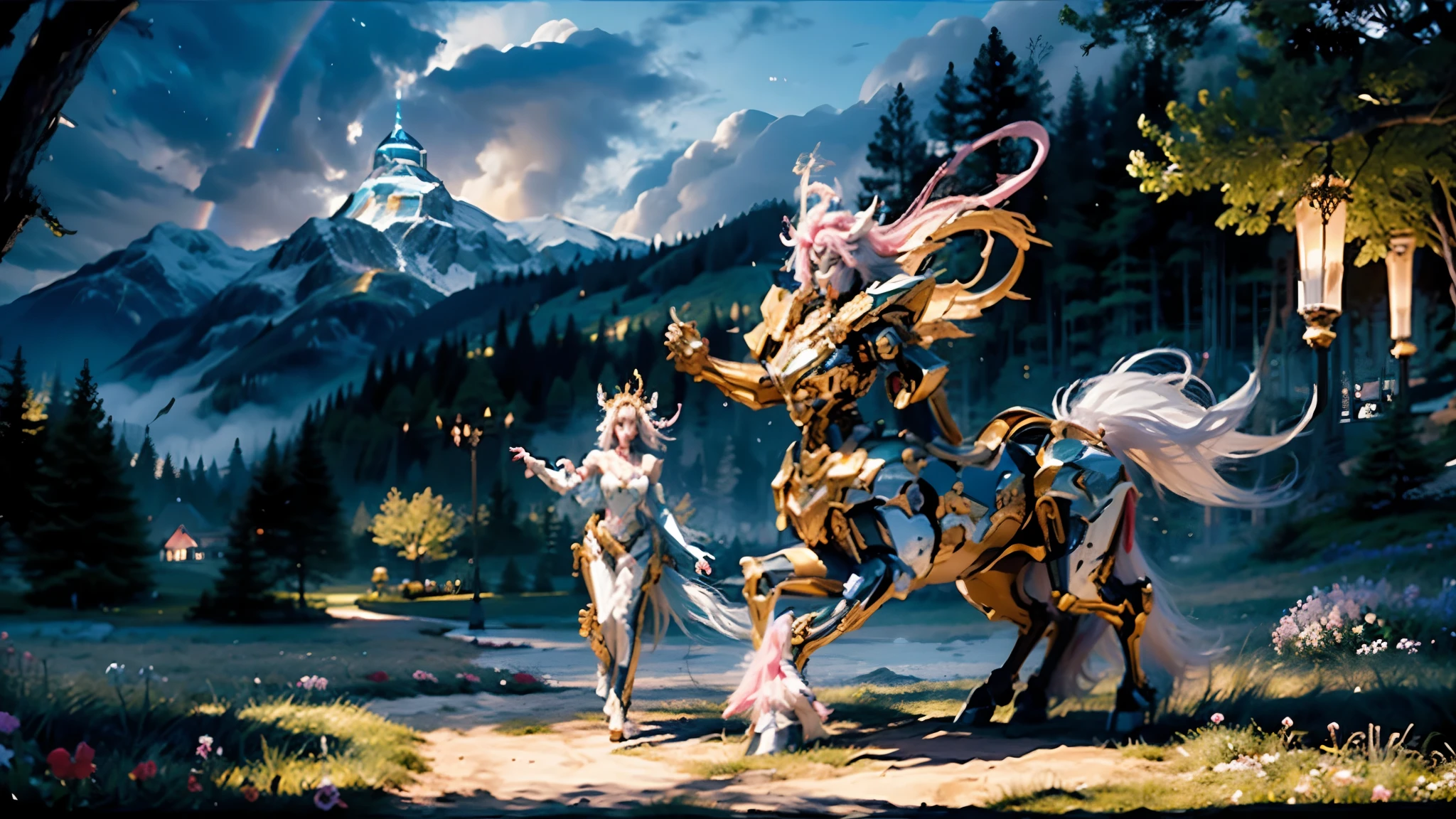 In the beautiful illustration of this super-grand scene，The ultra-distant lens shows us（More than eight distinctive and beautiful female centaurs，Half man, half horse，Half man, half horse，Princess：2.7），Their personality、Distinctive and vivid features。from（A radiant, angelic, snow-white centaur from heaven：1.1），arrive（Nightmare-like fiery red centaur surrounded by flames：1.1）、再arrive（Green Centaur, the wind fairy dancing in the air：1.1）、再arrive有（One-horned blue centaur surrounded by lightning：1.1），arrive（A mechanical-style mecha Centaur shining with metallic light：1.1）、再arrive（A powerful dragon-shaped centaur wearing colorful dragon scale leather：1.1）、再arrive（A slender elven centaur that is graceful and agile：1.1）Gracefully wears a flower crown、arrive（Enchanting and charming Tiflin centaurs：1.1）、再arrive（A succubus centaur with an indescribably sexy feeling：1.1）。Each Centaur character fully demonstrates his unique style。The illustration uses advanced artistic techniques and tools，Use nesting、Weaving、Splicing、perspective、interlude、Montage and other artistic techniques，Divide the scene into sections by geometric arrangement，Each part corresponds to a role，from而更有效地利用了空间，Make eight centaurs exist in one picture at the same time，（The style tends to be grotesque、Hayao Miyazaki、Aesthetic、indescribable：3.3）。Through Midjourney's advanced brush tools、Color palette、Material packs和模型包、Texture tools，For each centaur, beautiful props are designed to increase racial characteristics、Clothing and physical features，Enhances the character's personality and visual appeal，（Stunning landscapes in illustrations，There are changing skies、rainbow、aurora、Stars and Moon，Incorporating iconic landmarks such as Mount Everest，and fireworks、Tranquil Lake、Natural and urban elements of waves and neon lights，Creates a magical atmosphere：1.5），Centaurs demonstrate their unique abilities and equipment in a variety of environments，This is true even in extreme alien landscapes。Use Midjourney's tools、Material packs、Texture tools、The color palette makes depicting details vivid and realistic，from复杂的发型和以及不同的种族特质、Body、Appearance features、服装arrive真实的纹理，Greatly improved the realism of the Centaurs and their surroundings，The fusion of multiple art styles adds dynamism to the character&#39;s movement at all angles，The overall visual experience is further enriched。The final illustration was described as a "masterpiece"，It has the characteristics of "best quality" and "realistic"，The details put into the creative process are shown、Level of creativity and craftsmanship。 hdr，（Reality，Masterpiece quality，Best quality）