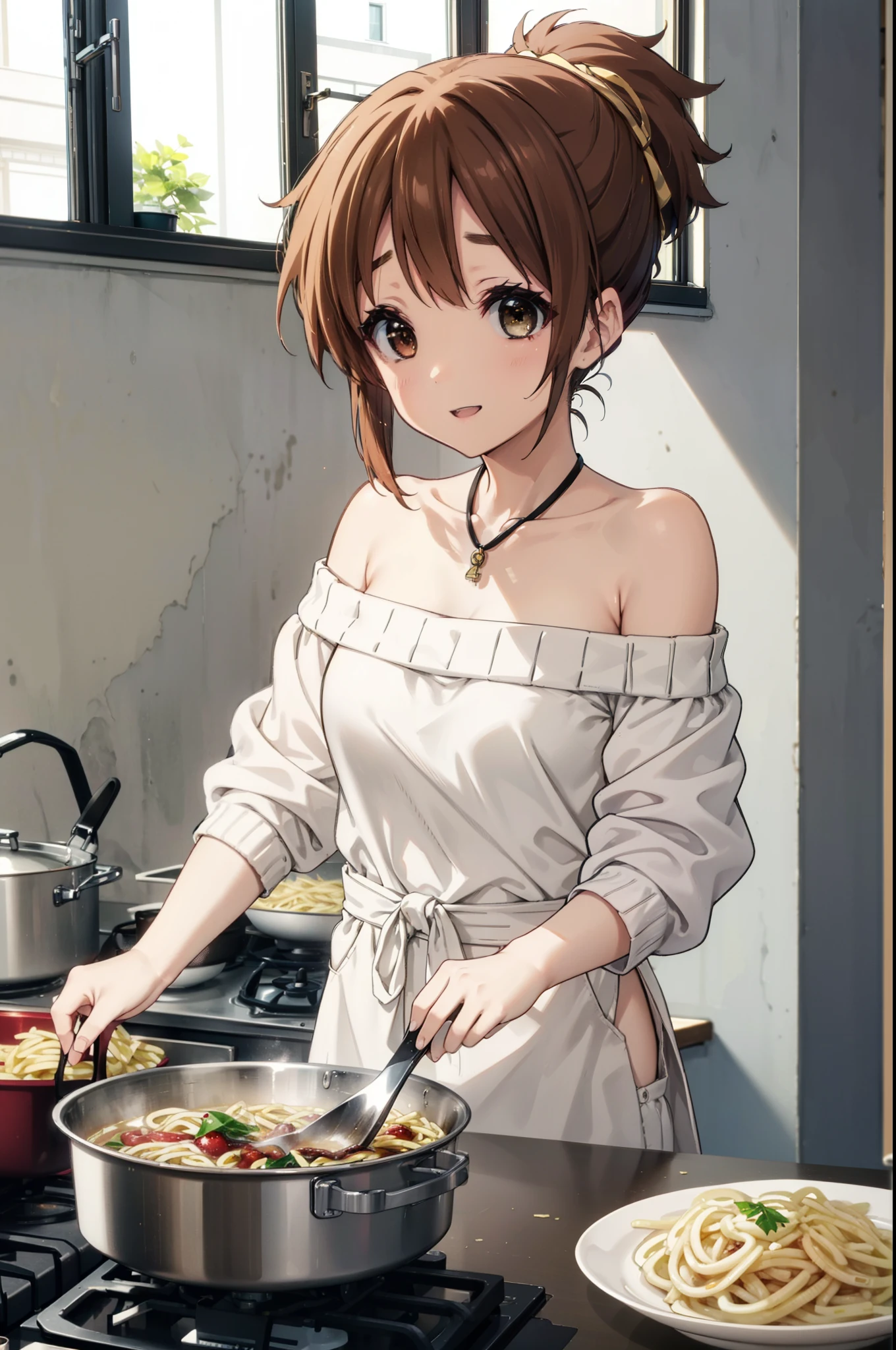 konuihirasawa, Yu Hirasawa, short hair, Brown Hair, (Brown eyes:1.5), ponytail,happy smile, smile, Open your mouth,Off-the-shoulder sweater,Long skirt,Bare shoulders,bare clavicle,Bare neck,Rocket Pendant,barefoot,apron,Zend 4y4, cooking, Frying pan,fire, pasta, Stove, The legs are detached from the frame,whole bodyがイラストに入るように,
break indoors, kitchen,
break looking at viewer, whole body,
break (masterpiece:1.2), highest quality, High resolution, unity 8k wallpaper, (shape:0.8), (Beautiful details:1.6), Highly detailed face, Perfect lighting, Highly detailed CG, (Perfect hands, Perfect Anatomy),