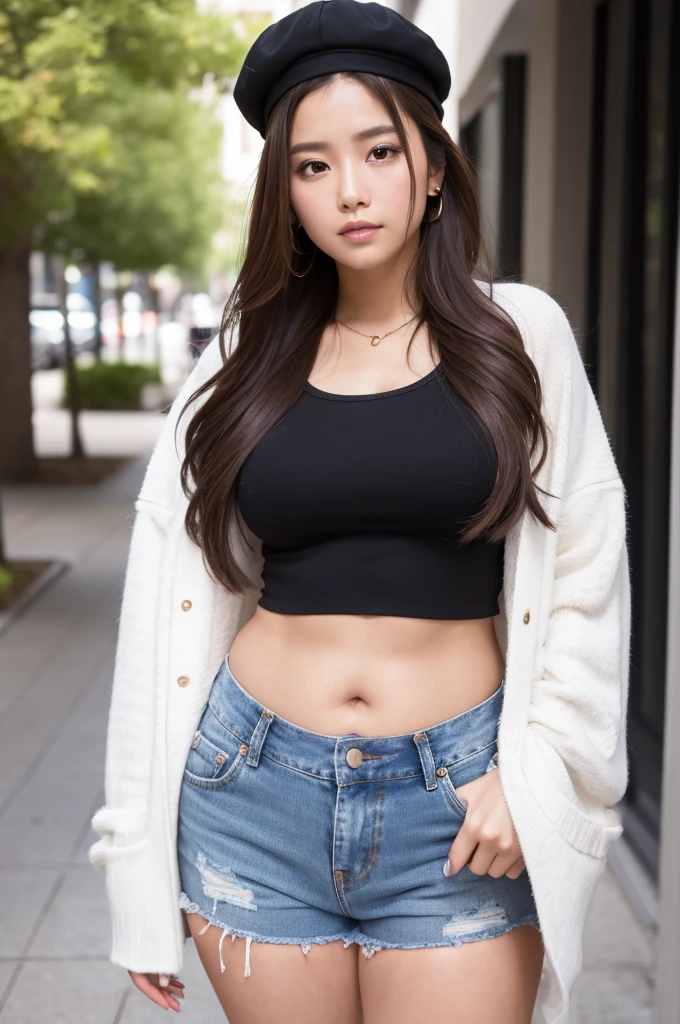 masterpiece,ultra detailed,black cap,patterned white crop top,denim short pants,navel-baring,(tanned skin),brown hair,(tareme),make-up,black jacket,28 years old,seductive female,sensual face,plump