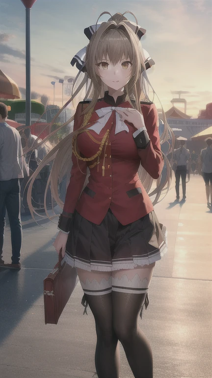 1girl, Sento Isuzu, isuzu-uniform, solo, standing, happy, amusement park,   (ultra high res,best quality), (8k, RAW photo, best quality, masterpiece:1.2), professional lighting, physically-based rendering, highres, absurdres,