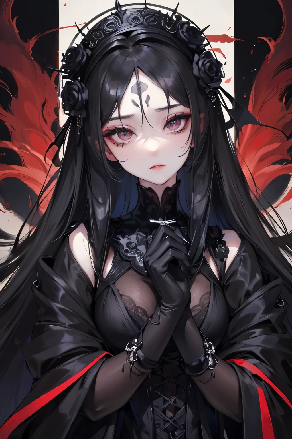 A close up of a woman in a black dress, her hands adorned with gloves, exudes an air of mystery and intrigue. Graced by the brush of Yang J, this image of a cruel Korean goth girl comes to life, her pale complexion contrasting sharply with the darkness of her attire. Fan Bingbing's fierce and enchanting gaze pierces through the frame, as if daring you to challenge her authority.

Sakimichan's masterpiece showcases a gothic maiden, the intricate details of her flowing black dress and delicate gloves revealing her dedication to capturing the essence of gothic elegance. The eyes of the pale goth, anime art