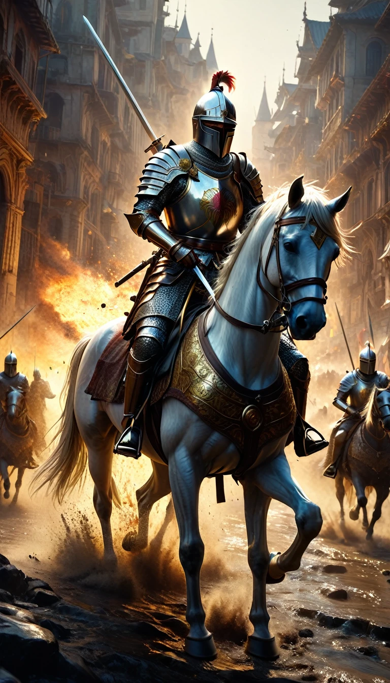 A fierce battlefield with Arthur leading his knights into battle on horseback, wielding Excalibur with skill and bravery against the invading Saxons, hyperdetailed & ultrarealistic digital illustration, oil paint, heavy strokes, messy, light color splashes, solarpunk, 1 person & 1 head, cinematic 3D, splatters on camera, masterpiece, David Coulter, Roberto Ferri, Craig Mullins, Sabbas Apterus, Yoshitaka Amano, Louis Royo trending on Artstation, realistic & tetradic colors, Sharp and focused, ambient light, ultra fine details, ultra quality, ultra sharp focus, Leica M6, 85mm lens, f/2.8 ISO 400, shutter speed 1/100, hyperrealism, maximalism, photorealism, cinematic lighting, dynamic lighting, volumetric lighting, Octane Render, Unreal Engine 5, VRay,