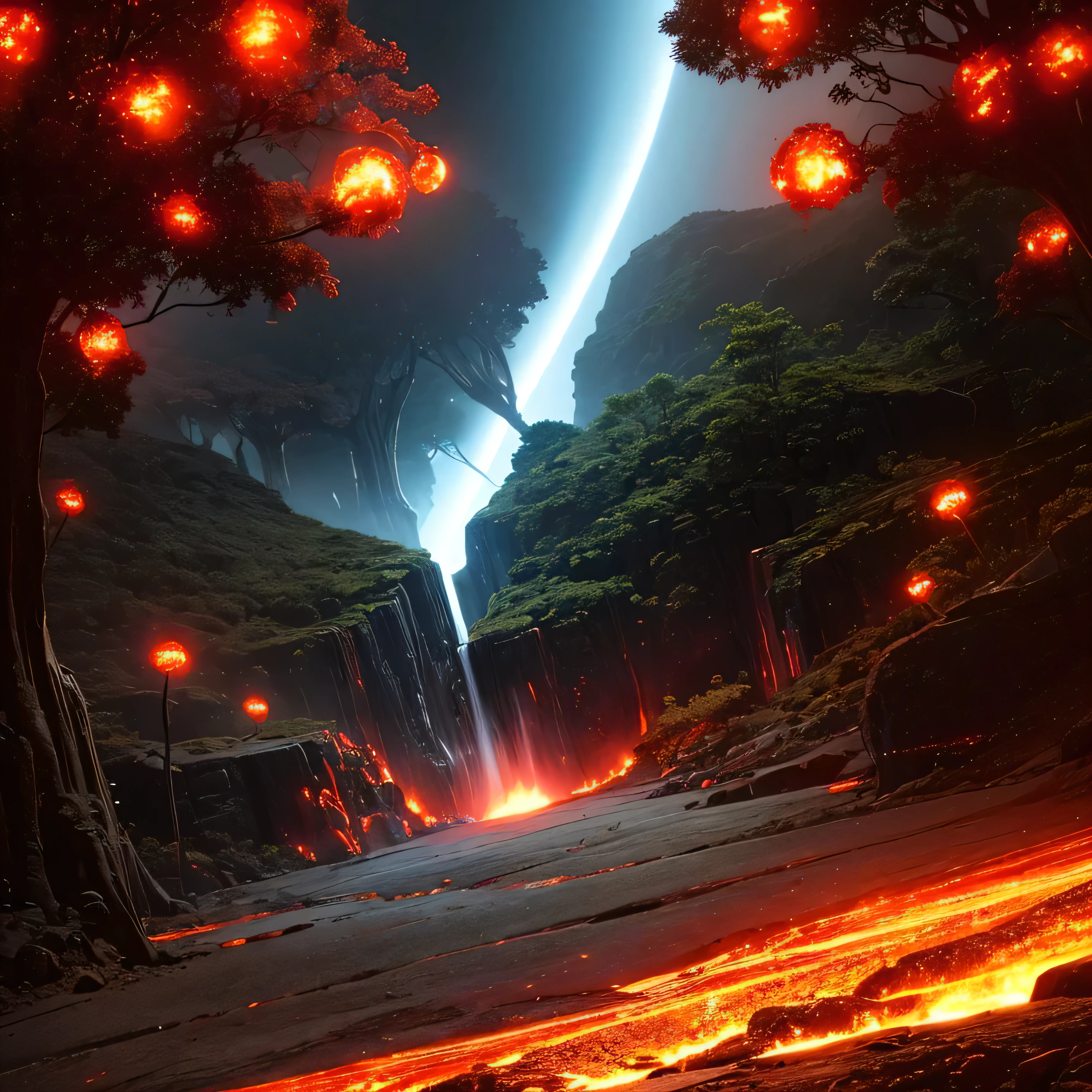 cybernetic earth with a red light inside, mechanized earth crust, the earth sprouts lava, earth's red mantle is visible, hollow earth, vtm, canyons and ridges all across earth, the whole world is on fire ablaze