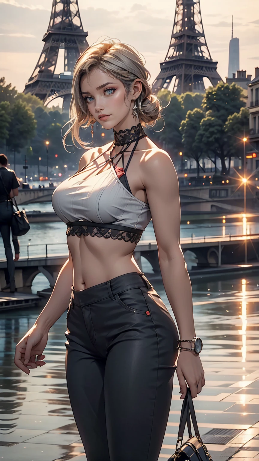 24 year old Caucasian female、Silver Hair、Outstanding proportions、High neck/Halter neck((high neck halter neck))Wear tops、No sleeve、I can see my belly button、Wear low rise pants with leggings、You can see the Eiffel Tower、Paris city center、smile、View of the Seine from the bridge