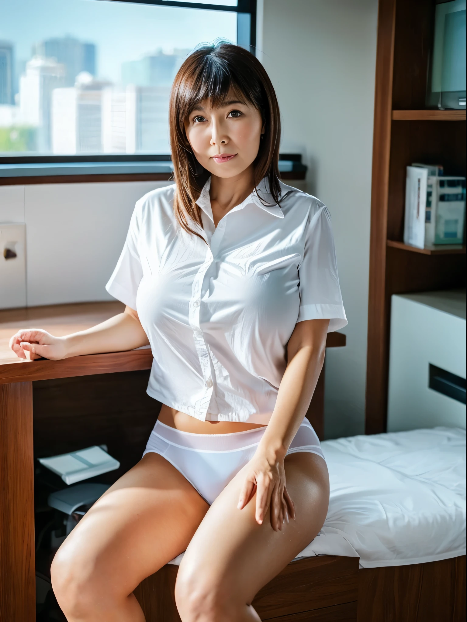 Best Quality, 8K, Asian beauty, large breasts, wearing a white shirt, checked miniskirt, Sitting with Knees Up on desk, spread legs,show panties, begging expression, executive suite setting, bangs, black semi-long hair, seductive, cute