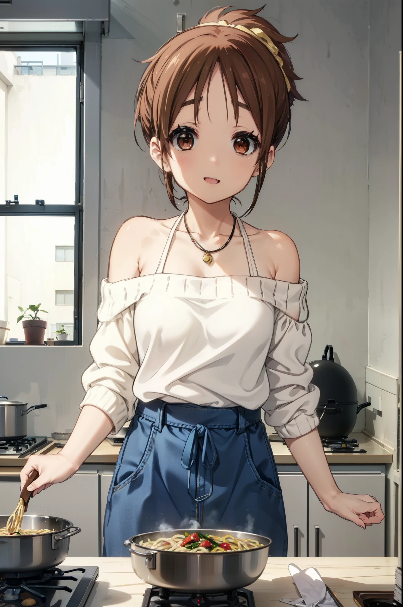 konuihirasawa, Yu Hirasawa, short hair, Brown Hair, (Brown eyes:1.5), ponytail,happy smile, smile, Open your mouth,Off-the-shoulder sweater,Long skirt,Bare shoulders,bare clavicle,Bare neck,Rocket Pendant,barefoot,apron,Zend 4y4, cooking, Frying pan,fire, pasta, Stove, The legs are detached from the frame,whole bodyがイラストに入るように,
break indoors, kitchen,
break looking at viewer, whole body,
break (masterpiece:1.2), highest quality, High resolution, unity 8k wallpaper, (shape:0.8), (Beautiful details:1.6), Highly detailed face, Perfect lighting, Highly detailed CG, (Perfect hands, Perfect Anatomy),