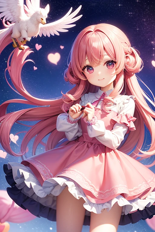 5 years old、girl、Pink Hair、Pink Eyes、Pegasus、Background cloud、night、Sparkling、Curling hair、Fluffy dresses、candy、teddy bear
