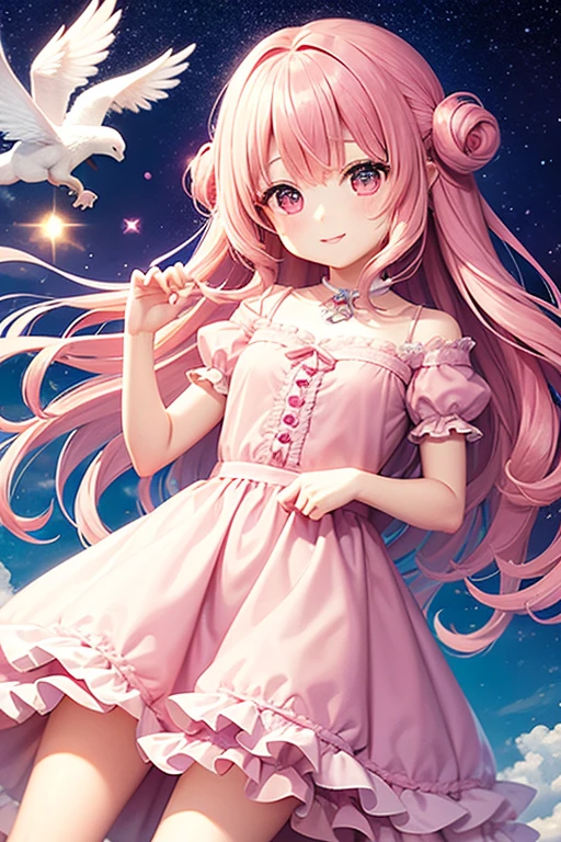 、girl、Pink Hair、Pink Eyes、Pegasus、Background cloud、night、Sparkling、Curling hair、Fluffy dresses、candy、teddy bear