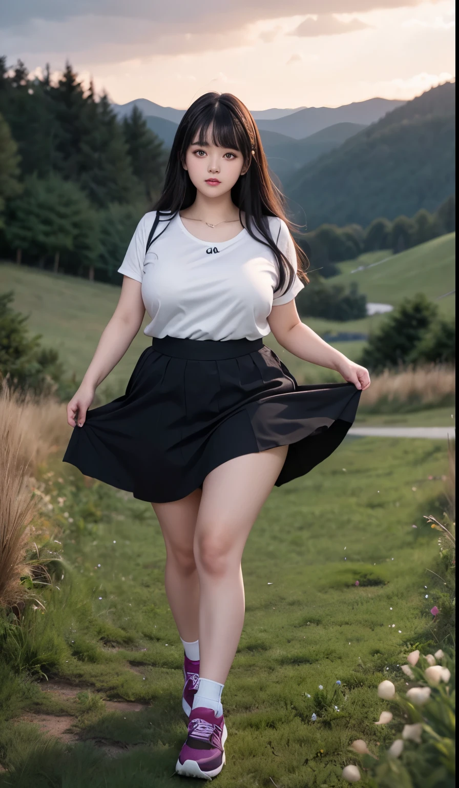 A beautiful beauty, long black hair, big eyes, round face, dress, tight purple skirt, sneakers , slightly fat, plump and sexy, delicate facial features, on the grassy hillside, black grass and words, dark sky and dark clouds, HD, high quality, the best picture quality