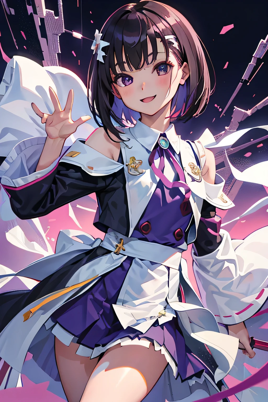 （masterpiece，highest quality），(child:1.3)，(Misaka Mikoto style uniform)，Purple Uniform，(Black-haired，Short Bob)，smile，Delicate body， body，shoulder