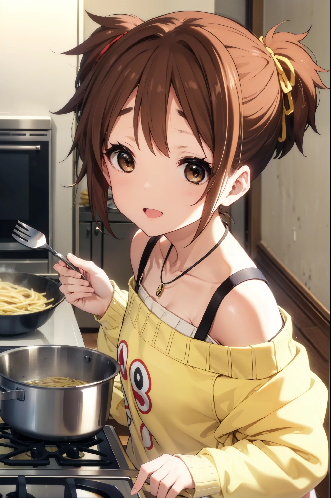 konuihirasawa, Yu Hirasawa, short hair, Brown Hair, (Brown eyes:1.5), ponytail,happy smile, smile, Open your mouth,Off-the-shoulder sweater,Long skirt,Bare shoulders,bare clavicle,Bare neck,Rocket Pendant,barefoot,apron,Zend 4y4, cooking, Frying pan,fire, pasta, Stove, The legs are detached from the frame,whole bodyがイラストに入るように,
break indoors, kitchen,
break looking at viewer, whole body,
break (masterpiece:1.2), highest quality, High resolution, unity 8k wallpaper, (shape:0.8), (Beautiful details:1.6), Highly detailed face, Perfect lighting, Highly detailed CG, (Perfect hands, Perfect Anatomy),