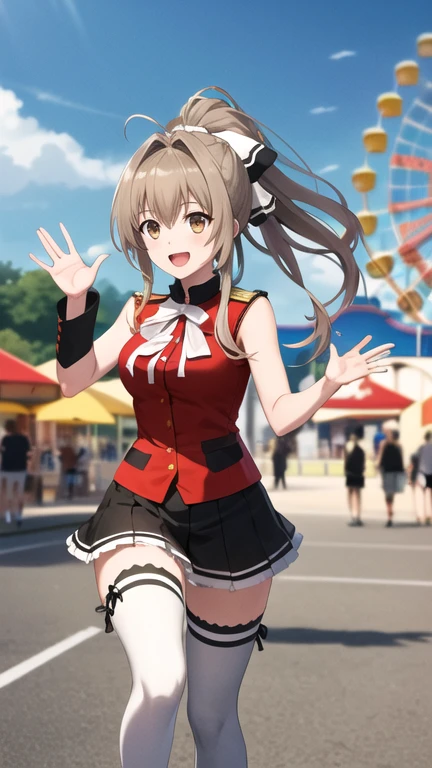 masterpiece, best quality, highres, Sento Isuzu, 1girl, ponytail, hair bow, brown eyes, uniform, red shirt, aiguillette, black skirt, white thighhighs, (sleeveless:1.1), amusement park, smile, waving, open mouth,