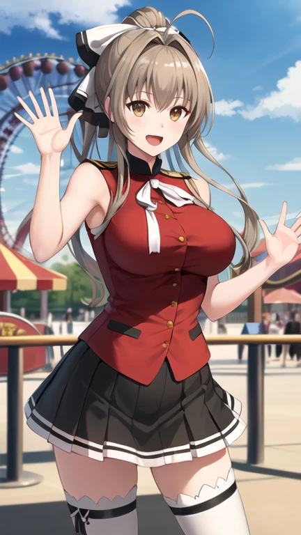 masterpiece, best quality, highres, Sento Isuzu, 1girl, ponytail, hair bow, brown eyes, uniform, red shirt, aiguillette, black skirt, white thighhighs, (sleeveless:1.1), amusement park, smile, waving, open mouth,