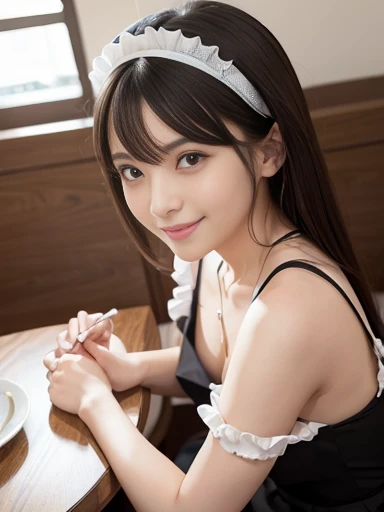 a lot of details, (underweight), 30 years old, detailed black hair, beautiful detailed hair, super fucking beautiful, complex details beautiful and delicate eyes, perfect hands, (flat chest best quality:1.5), perfect and delicate limbs, detailed skin, best quality, ultra-detailed,(cheerful grin:1.3),full body shot, cafe, maid, food photo, interior photo, cheerful, walking, semi long, (yellow maid), Japanese, Joyful Scene, in the maid Cafe, with a table, with a sofa, dutch angle shot, bloom, wide-angle lens