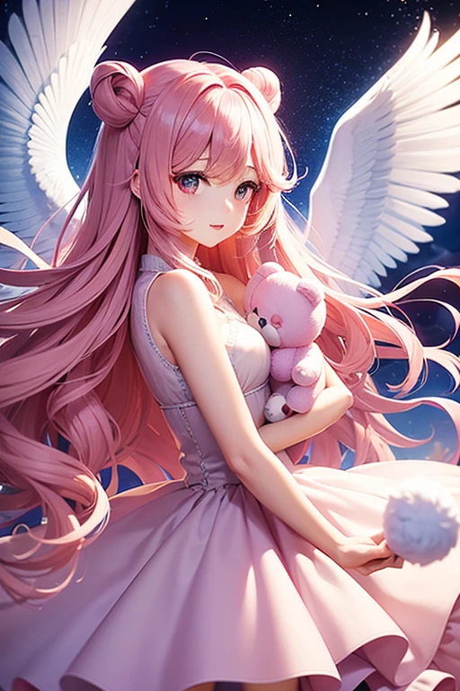 23 years old、woman、Pink Hair、Pink Eyes、Pegasus、Background cloud、night、Sparkling、Curling hair、Fluffy dresses、candy、teddy bear