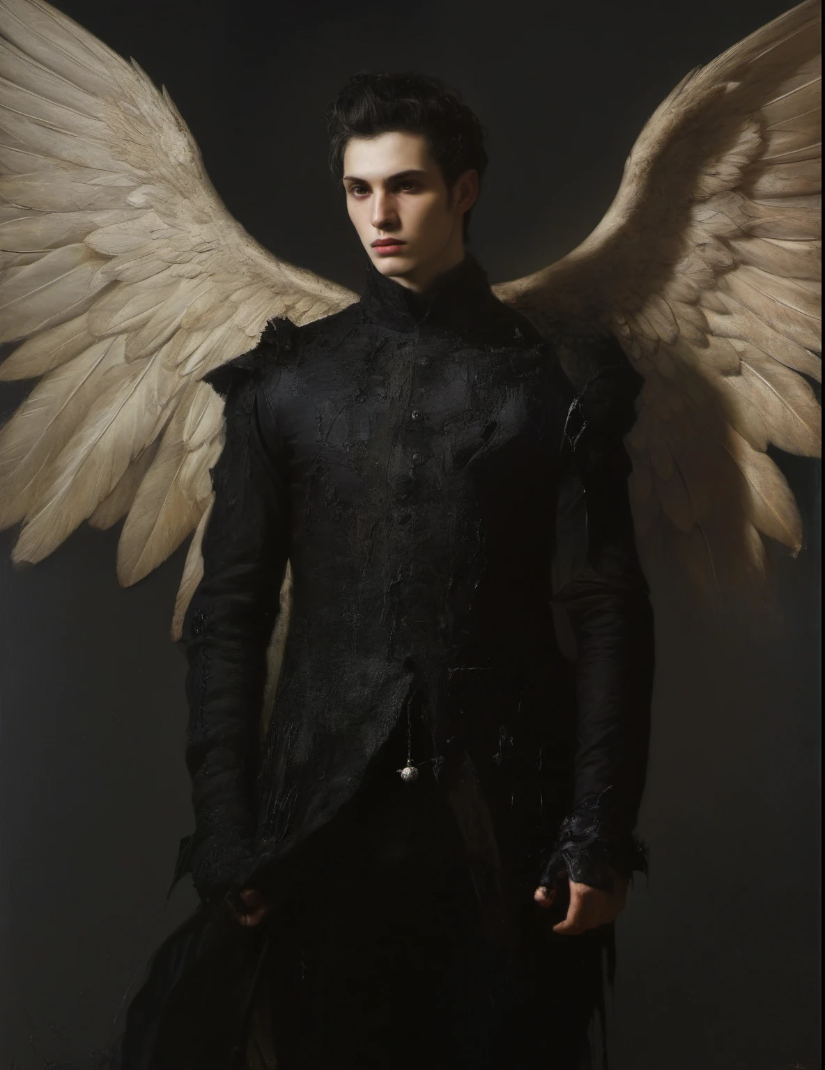 James Gurney, Surrealist art , dream-like, Mysterious, Provocative, symbolic, Complex, detailed,, (Gothic but very beautiful:1.4), (masterpiece, highest quality:1.4) , Nicola Samori Style, Laputa, Young and handsome men、angel of darkness