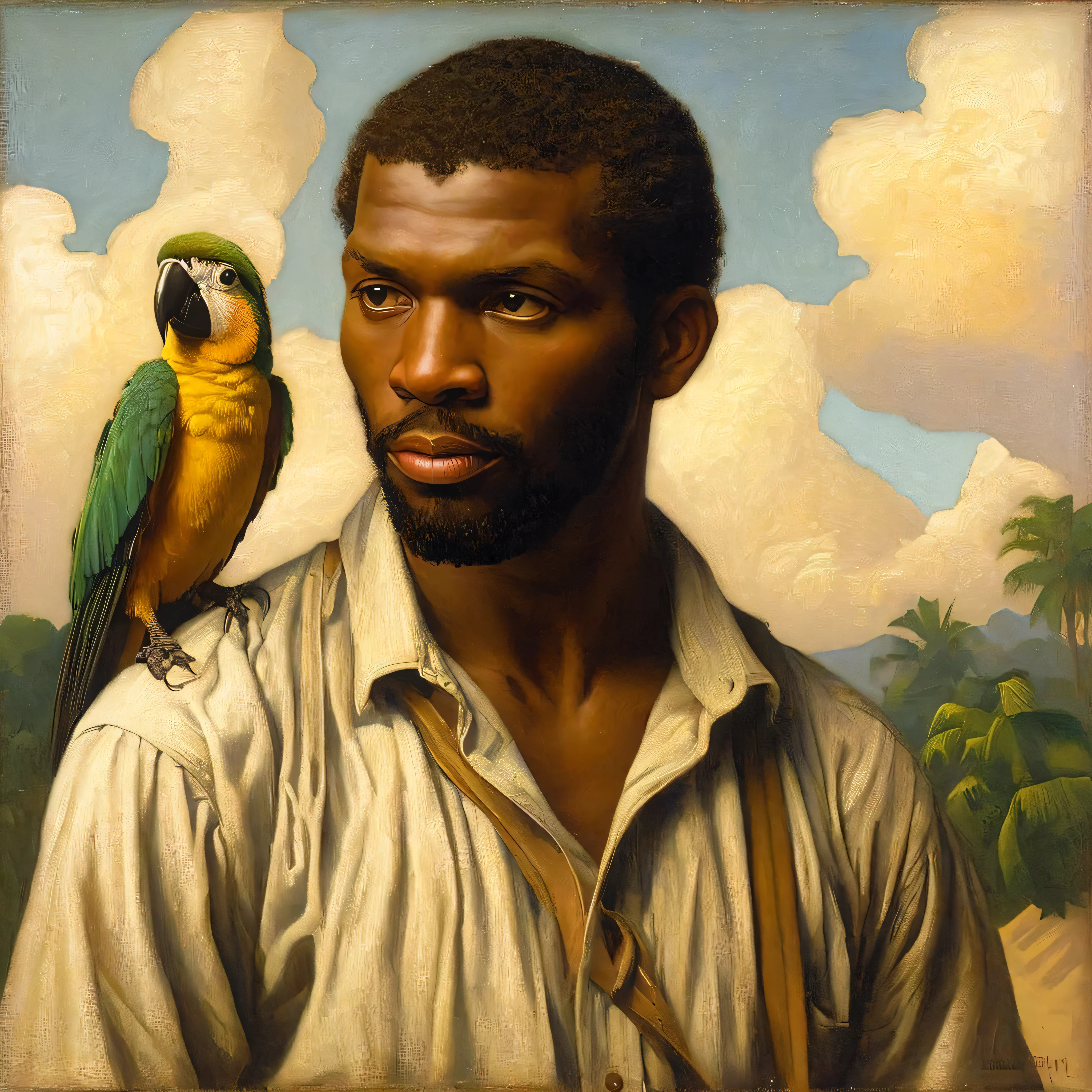painting of a man com um papagaio no ombro, inspired por Thomas Blackshear, inspired por Kadir Nelson, com um papagaio no ombro, por Kadir Nelson, por Thomas Blackshear, mario robinson. oil on canvas, Direction: Thomas Hart Benton, inspired Direction: Thomas Hart Benton, Bo Bartlett, bird on your shoulder, inspirado em Carl Heinrich Bloch