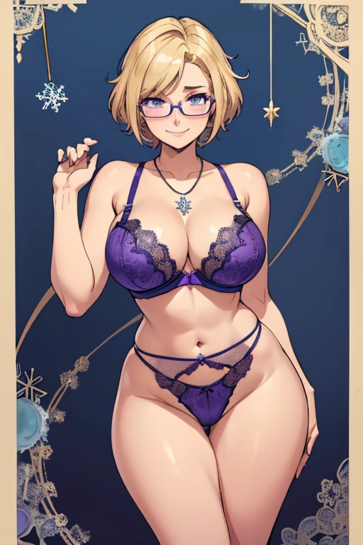female, blonde short hair with purple trim, purple eyes, (((1girl))), (((light blue lace bra))), (light blue lace panties), (glasses), (necklace with snowflake pendant), cute and sexy, full body, large breasts, large butt, long legs, smiling
