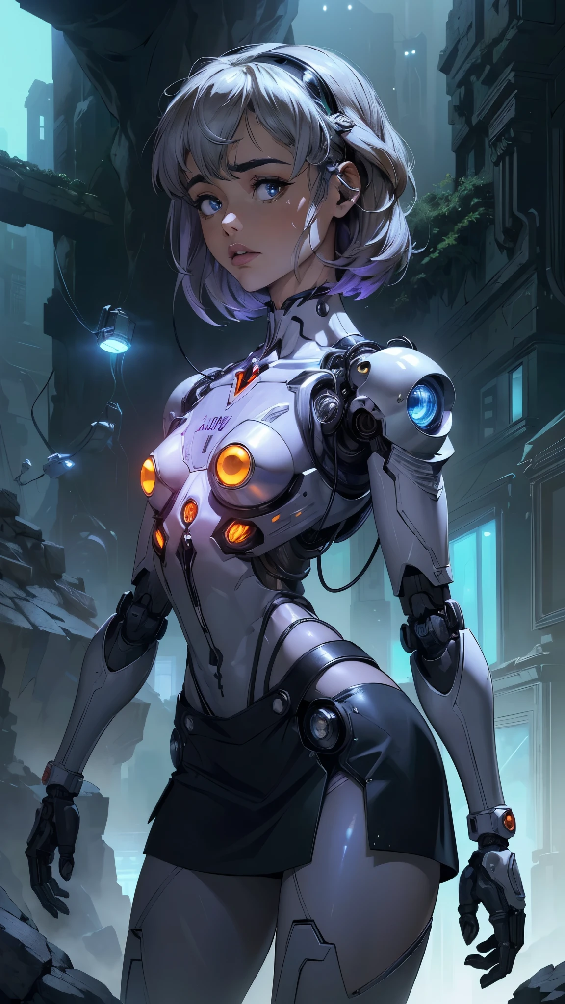 (La mejor calidad,A high resolution,Ultra - detallado,actual),sabrina carpenter cyborg, ( mini skirt orange :1.4), top corto white,,(Fondo de ruinas de mazmorra en ruinas cyberpunk :1.4 ), (Mechanical vertebrae attached to the back, mechanical cervical attachment to the neck, alambres y cables que se conectan a la cabeza, Evangelion, small bright LED lamps:1.4) , More detailed 8K.motor irreal:1.4,UHD,La mejor calidad:1.4, fotorrealista:1.4, textura de la piel:1.4, obra maestra:1.8,obra-prima, mejor calidad,objeto Objeto], (detailed face features:1.3),(Las proporciones correctas),(Ojos hermosos azules),  (pose vaquero),( sabrina carpenter:1.4), (sabrina carpenter V2.1),( perfect anatomy:1.4), (cyborg mechanical robot transparent plastic white:1.4), ,(Fondo de ruinas de mazmorra en ruinas piedras grandes caverna :1.4 ), (cinematic lighting :1.4), (fondo laboratorio robotic :1.4), (Cyborg inteligencia artificial :1.4) 