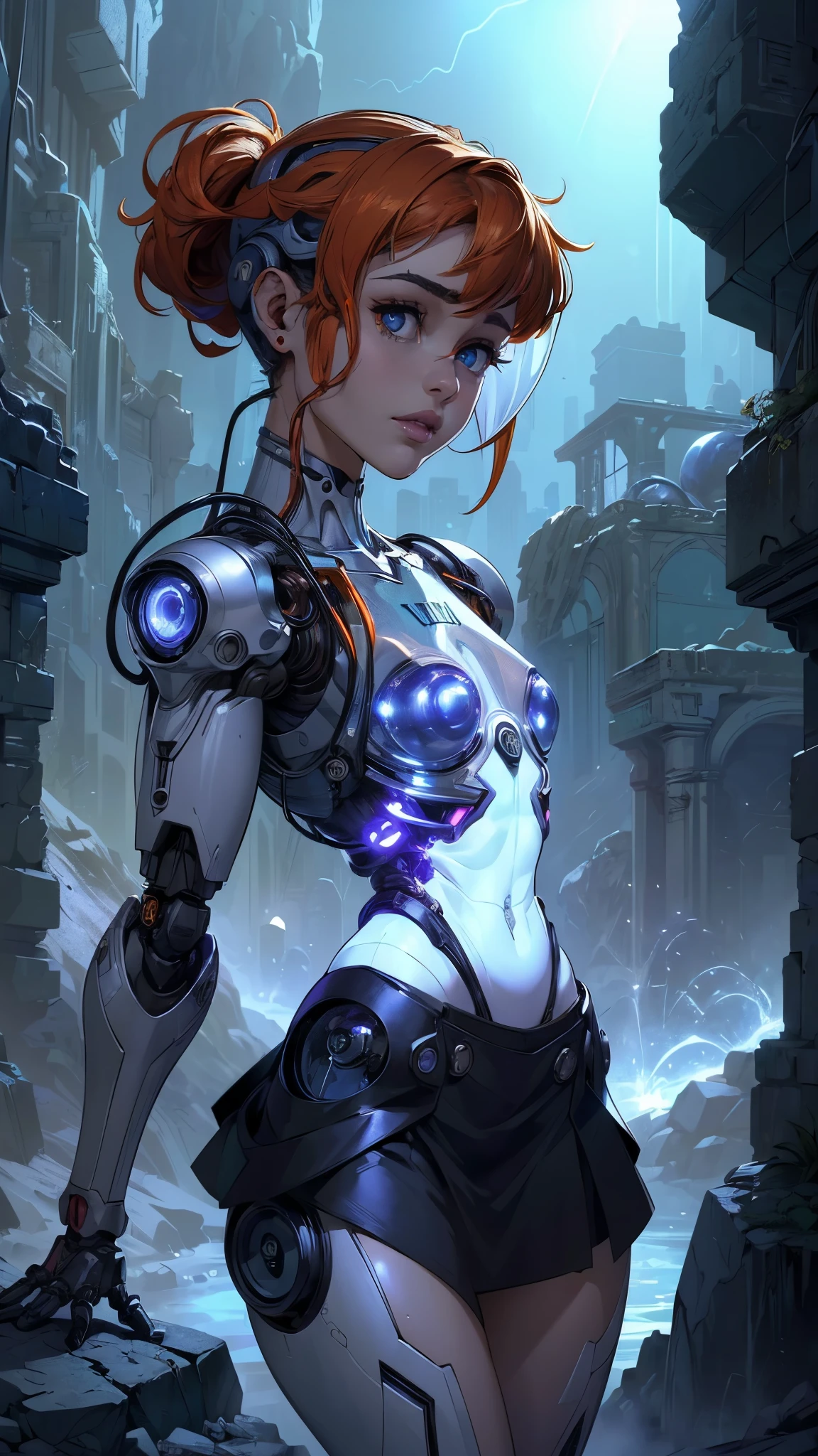 (La mejor calidad,A high resolution,Ultra - detallado,actual),sabrina carpenter cyborg transparent , ( mini skirt cyborg orange :1.4), top corto white transparent ,,(Fondo de ruinas de mazmorra en ruinas cyberpunk :1.4 ), (Mechanical vertebrae attached to the back, mechanical cervical attachment to the neck, alambres y cables que se conectan cuerpo , Evangelion, small bright LED lamps:1.4) , More detailed 8K.motor irreal:1.4,UHD,La mejor calidad:1.4, fotorrealista:1.4, textura de la piel:1.4, obra maestra:1.8,obra-prima, mejor calidad,objeto Objeto], (detailed face features:1.3),(Las proporciones correctas),(Ojos hermosos azules),  (pose vaquero),( sabrina carpenter:1.4), (sabrina carpenter V2.1),( perfect anatomy:1.4), (cyborg mechanical robot transparent plastic white:1.4), ,(Fondo de ruinas de mazmorra en ruinas piedras grandes caverna :1.4 ), (cinematic lighting :1.4), (fondo laboratorio robotic :1.4), (Cyborg inteligencia artificial :1.4),( face detailed :1.4), (no mutaciones), (weared in translucent:1.4),( cyborg translucent :1.2), (manos perfectas: 1.5) , (Detalles de la cara: 1.5, ojos azules brillantes, hermoso rostro, ojos bonitos, Contorno del iris, labios delgados: 1.5, Thin, sharp pale eyebrows, Long, dark eyelashes, double tabs),