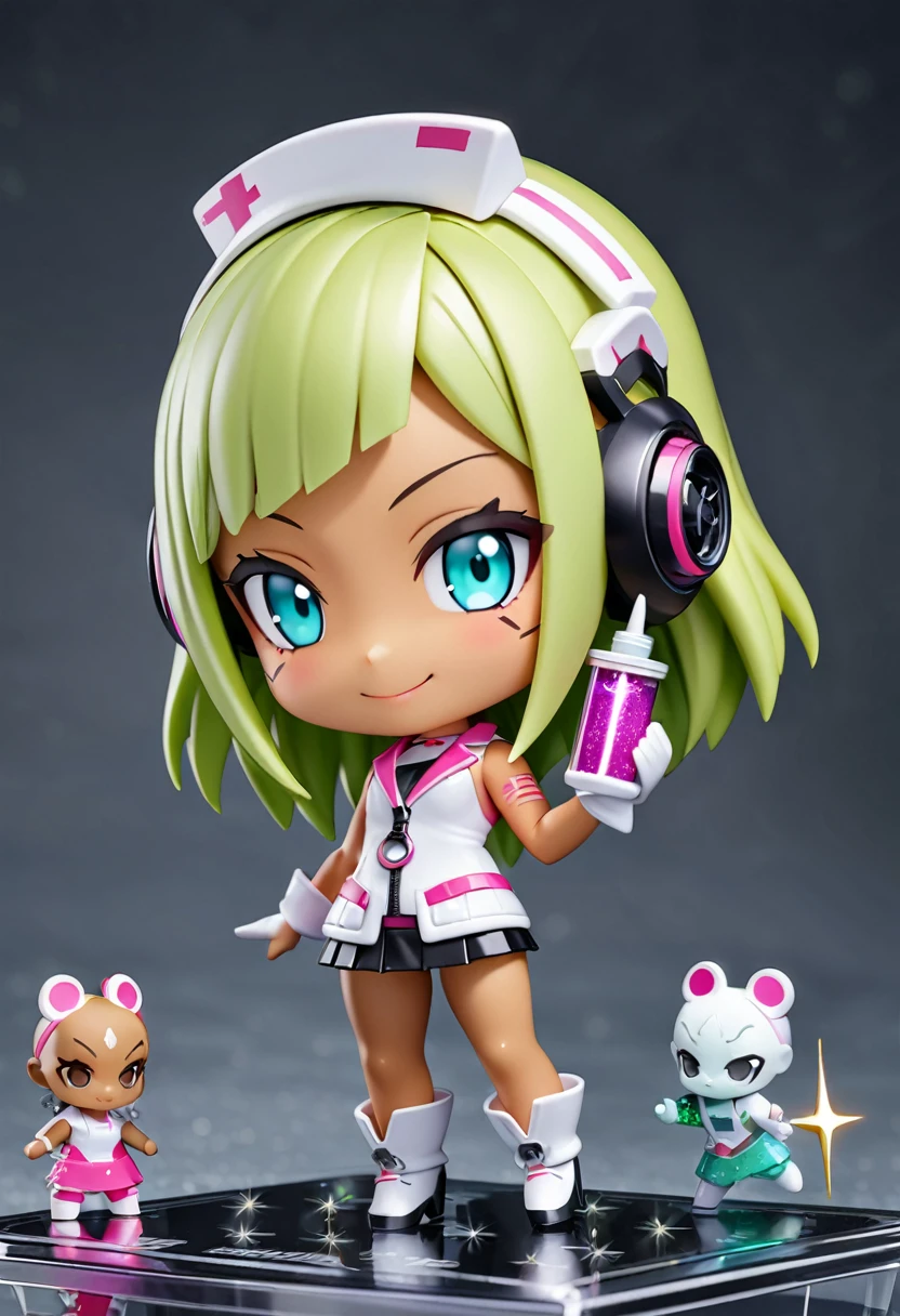 Figure, (chibi, flat,Nendoroid:1.5),octane,3D rendering,(masterpiece, best quality:1.1), (ultra highres, ultra-detailed:1.2) ,1girl,tween,cute, white frog headgear,tanned dark skin,big headgear,lightgreen hair,side bangs,white sleeveless nurse one piece,white frog gloves,mini skirt,white platform boots,small breast,has a large syringe,in cyberpunk metropolis,(fullbody),smile,detailed face, depth of field,Portrait,beautiful lighting, volumetric lighting, dynamic angle,(Glitter:1.5) ,(sparkle:1.5) ,