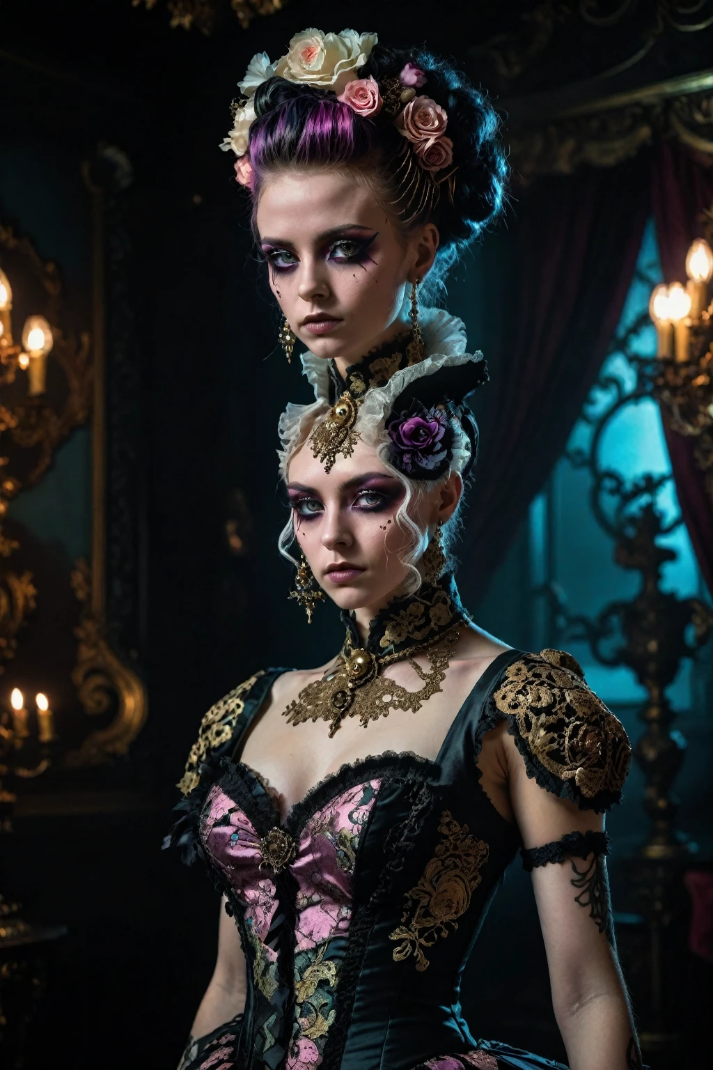 a beautiful girl in a rococo-punk style dress, exquisite detailed face with beautiful eyes, long eyelashes, elegant makeup, detailed intricate rococo-style dress with punk elements, highly detailed, 8k, photorealistic, masterpiece, cinematic lighting, vivid colors, neon_cyberpunk dark moody atmosphere