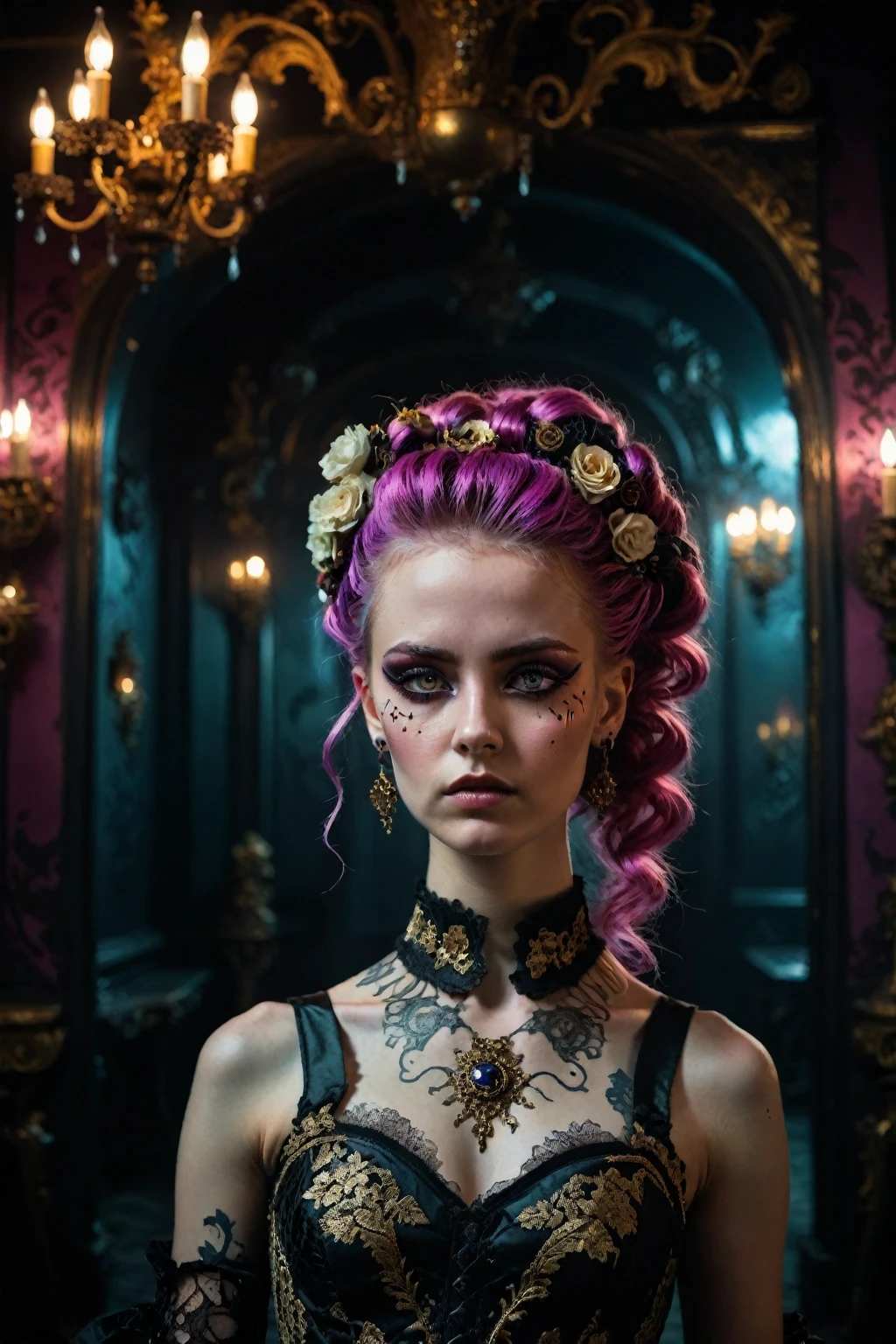 a beautiful girl in a rococo-punk style dress, exquisite detailed face with beautiful eyes, long eyelashes, elegant makeup, detailed intricate rococo-style dress with punk elements, highly detailed, 8k, photorealistic, masterpiece, cinematic lighting, vivid colors, neon_cyberpunk dark moody atmosphere