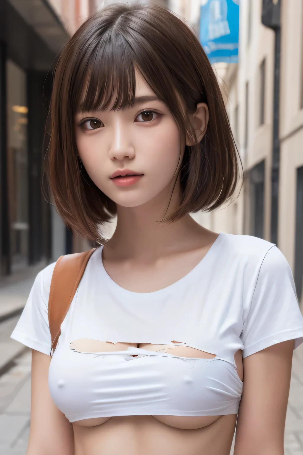 one girl, (a beauty girl, delicate girl:1.3), (, gal:1.3),
break, (underboob, side boob, Torn and damaged white t-shirt:1.5),
break, very fine resolution, (symmetrical eyes:1.3),
break, (Street view:1.2),
break, small breasts, brown eyes, parted bangs, brown hair, girl,
break, (Eye and face details:1.0),
break, (masterpiece, highest quality, super detailed, detailed face, 8K)