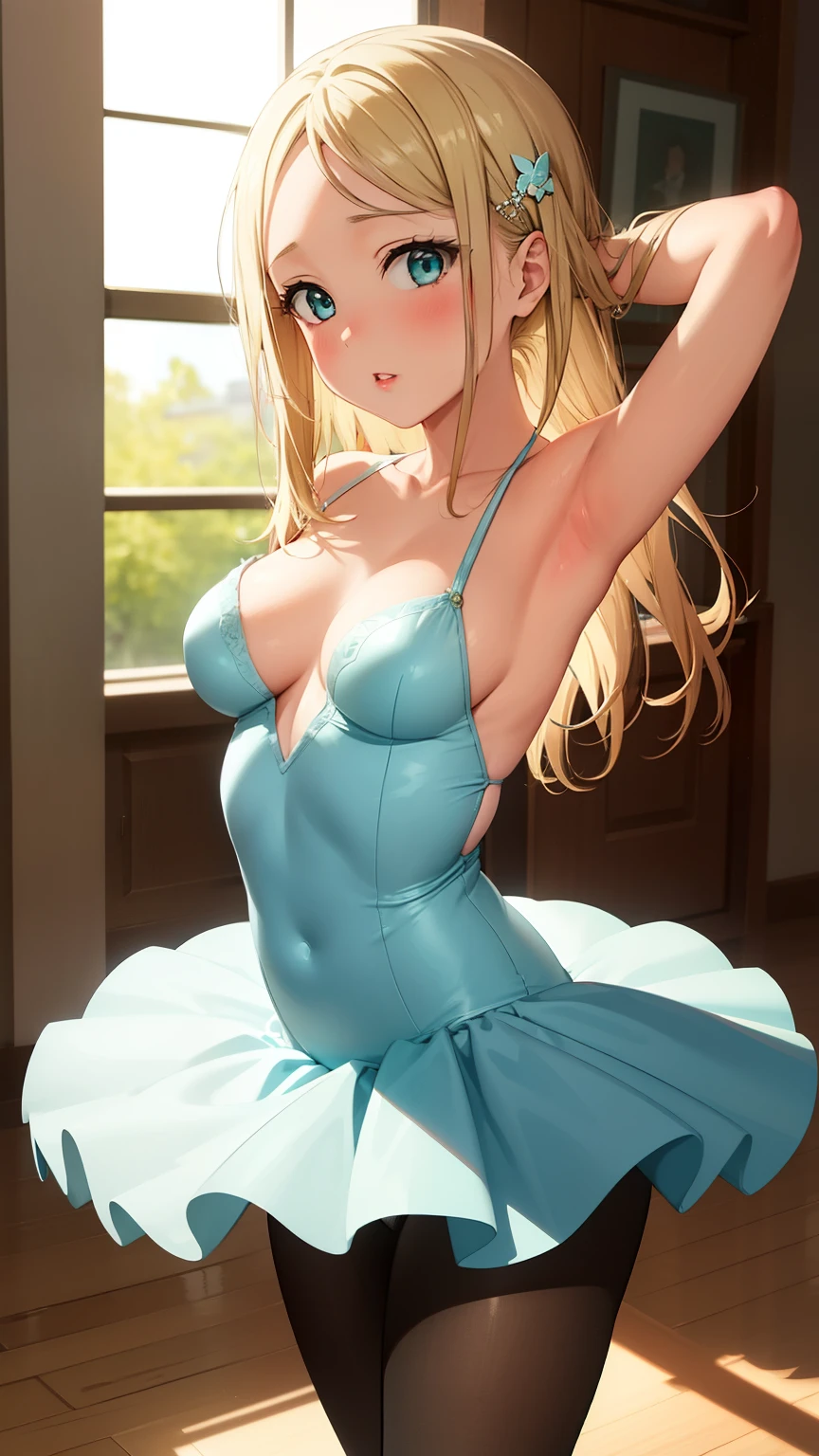 masterpiece, best quality, highly detailed, ultra high res, ayase arisa, 1girl, solo, hair ornament, long blonde hair, glossy lips, medium breasts, aqua eyes, ballerina, pantyhose, (see-through tutu:0.8)