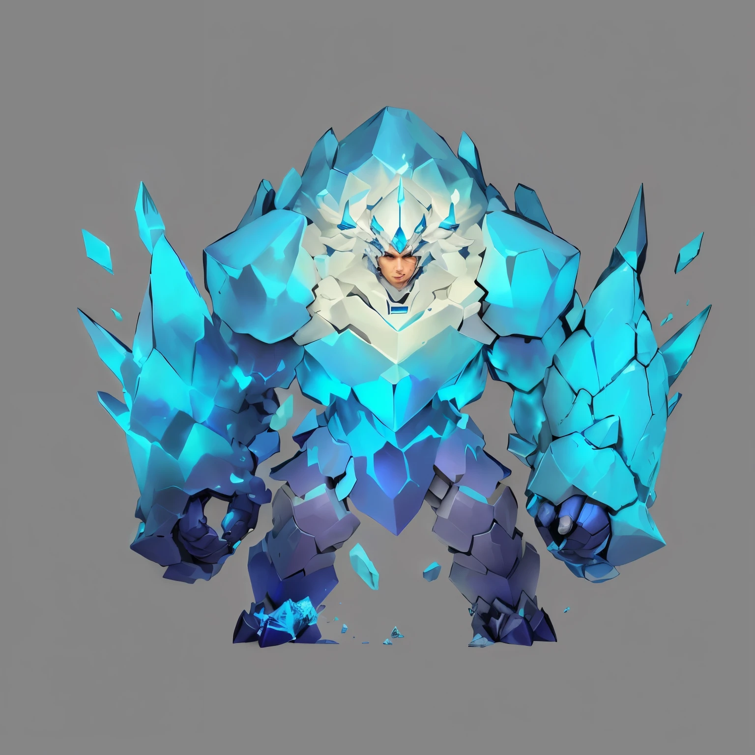 A cartoon image of a blue and white monster, This character has cryokinesis abilities, Frostbite 3 rendering, Ice King, Ice crystal armor, Possesses the power of ice, If he had ice powers, crystallic skin, Ice Mage, Heartstone original art style, crystallic!!, Finished concept art, Cold, armor made of ice, Cold的, ❄️Concept map