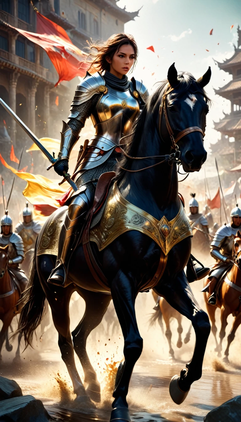 A fierce battlefield with Arthur leading his knights into battle on horseback, wielding Excalibur with skill and bravery against the invading Saxons, hyperdetailed & ultrarealistic digital illustration, oil paint, heavy strokes, messy, light color splashes, solarpunk, 1 person & 1 head, cinematic 3D, splatters on camera, masterpiece, David Coulter, Roberto Ferri, Craig Mullins, Sabbas Apterus, Yoshitaka Amano, Louis Royo trending on Artstation, realistic & tetradic colors, Sharp and focused, ambient light, ultra fine details, ultra quality, ultra sharp focus, Leica M6, 85mm lens, f/2.8 ISO 400, shutter speed 1/100, hyperrealism, maximalism, photorealism, cinematic lighting, dynamic lighting, volumetric lighting, Octane Render, Unreal Engine 5, VRay,