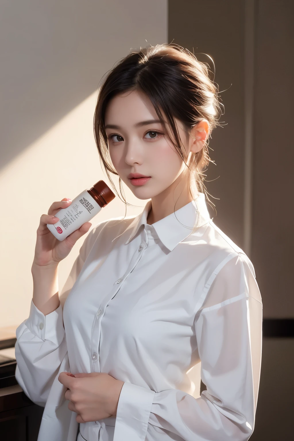 1 Female-centered, Beautiful female model holding cosmetic bottle in hand, wearing a white shirt, The model’s skin is healthy and clean., The cosmetic bottle shines luxuriously., Skin care, flower, cosmetic advertising photo, clean atmosphere, in the studio, Filmed with a Hasselblad camera, medium format, dramatic lighting, luxury brand cosmetics