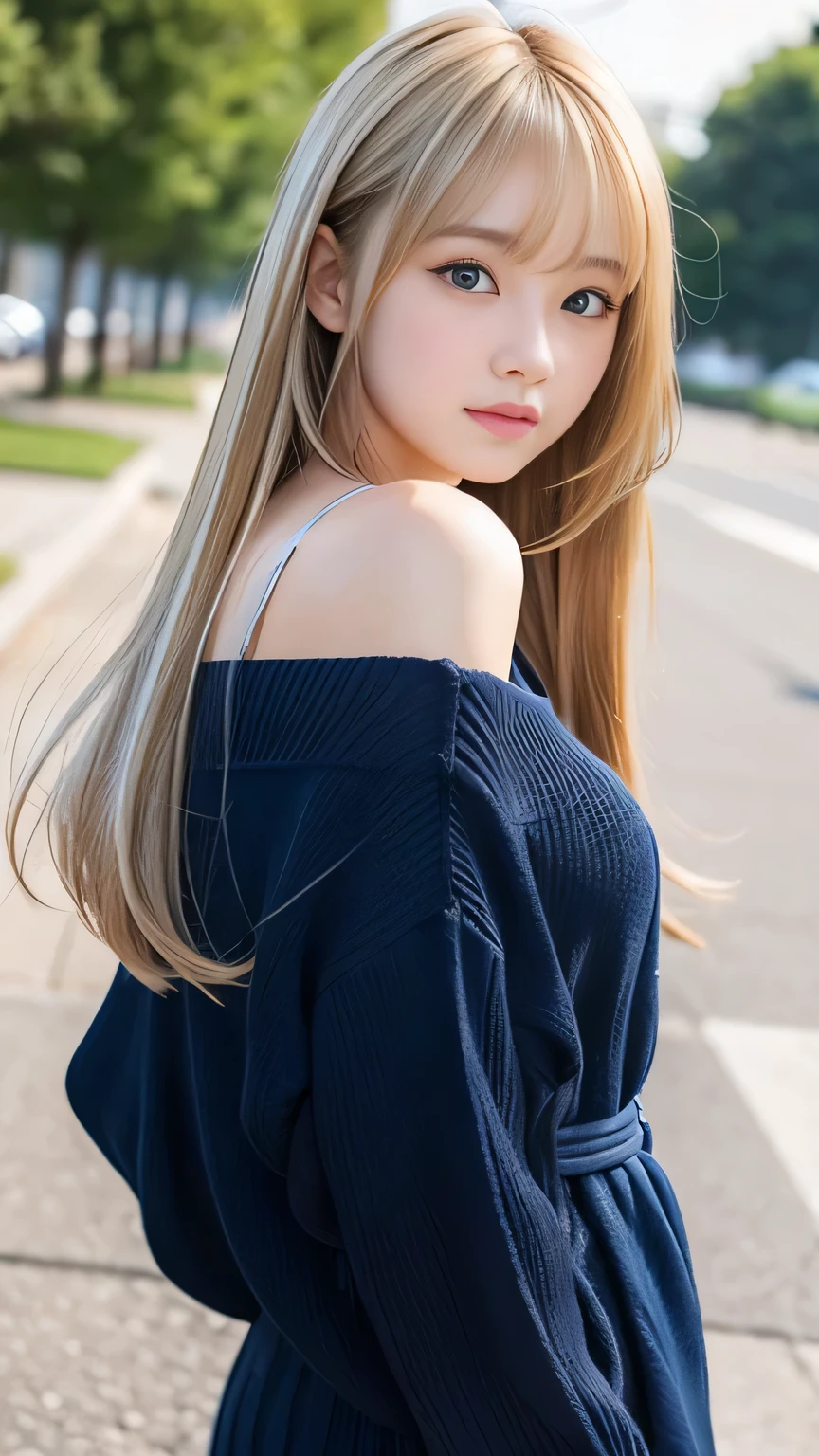 Sexy Big 、Sexy cute looks and cute 15 year old beautiful girl, beautiful and sexy face、A strong wind blows my hair in front of my face、With straight blonde hair、beautiful, Cute and sexy eyes hidden behind long bangs、Cute Cheergirl