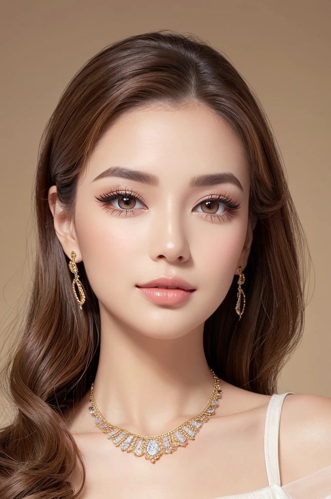 Beautiful woman Clean skin Natural eye makeup Natural brown eyeshadow Natural eyes with thin eyeliner Curled eyelashes and highlighted with mascara Natural eyebrows Natural eyebrows that match the hair color Elegant clothing Elegant style without excessive exposure Small earrings or necklace