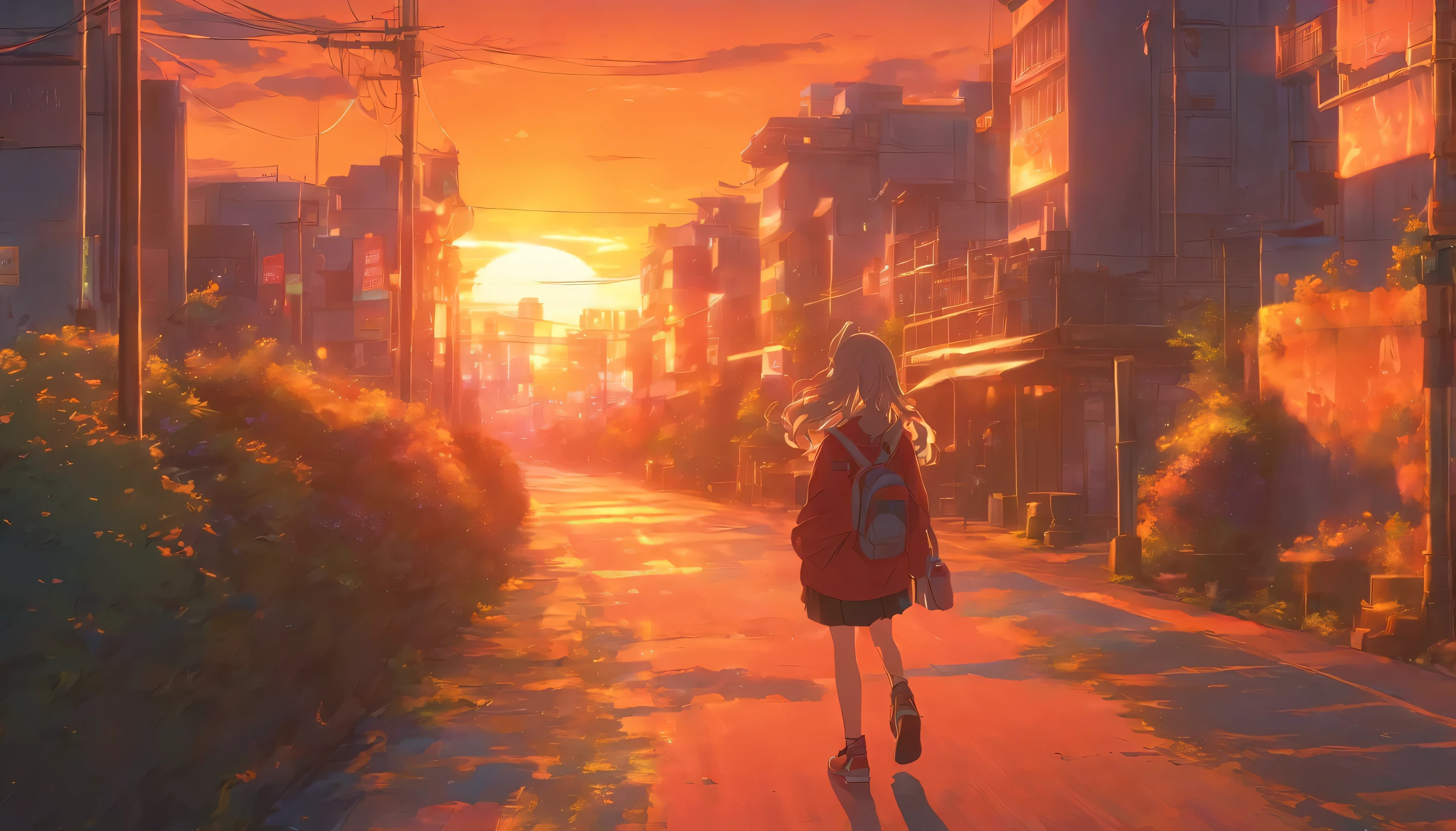 small city,Sunset-colored road,Walking girl,