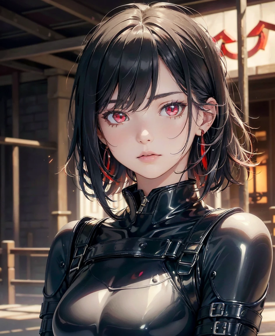 (highest quality,4K,8k,High resolution,masterpiece:1.2),Super detailed,(Realistic,photoRealistic,photo-Realistic:1.37), A Japanese female fighter with a slim build and small face, cute, 1 girl, 18-year-old, Super short black hair, A tight-fitting combat suit in shiny black with a patent leather finish, Tight suit, gloves, Neon sign glowing background, (Cinematic Lighting), Browsing Caution, Your thorns, Black Hair, (Red eyes:1.5), Earrings, 金のhair band, hair band, Side Lock, looking at viewer, break, highest quality, High resolution, unity 8k wallpaper, (figure:0.8), (Beautiful fine details:1.6), Highly detailed face, Perfect lighting, Highly detailed CG, (Perfect hands, Perfect Anatomy), (cute座り方), (View from the feet),