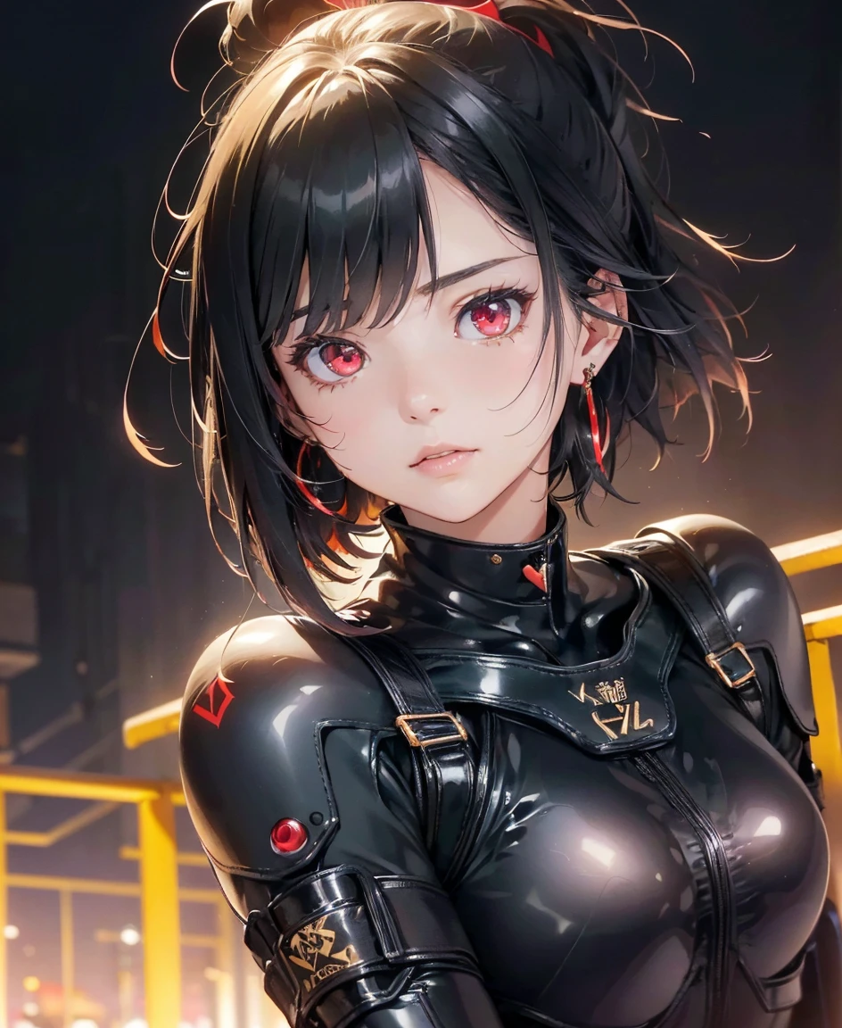 (highest quality,4K,8k,High resolution,masterpiece:1.2),Super detailed,(Realistic,photoRealistic,photo-Realistic:1.37), A Japanese female fighter with a slim build and small face, cute, 1 girl, 18-year-old, Super short black hair, A tight-fitting combat suit in shiny black with a patent leather finish, Tight suit, gloves, Neon sign glowing background, (Cinematic Lighting), Browsing Caution, Your thorns, Black Hair, (Red eyes:1.5), Earrings, 金のhair band, hair band, Side Lock, looking at viewer, break, highest quality, High resolution, unity 8k wallpaper, (figure:0.8), (Beautiful fine details:1.6), Highly detailed face, Perfect lighting, Highly detailed CG, (Perfect hands, Perfect Anatomy), (cute座り方), (View from the feet),