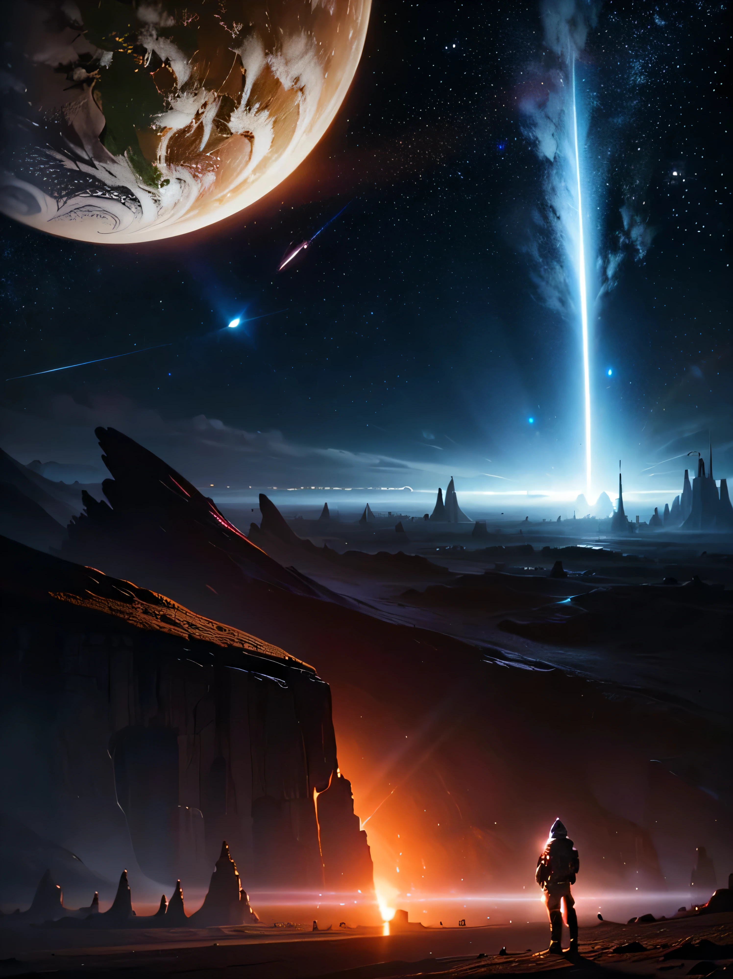 a man in a space suit standing on a cybernetic earth with a red light inside, scientific earth crust, the earth sprouts lava, earth covers lightly, whole earth, the earth, hollow earth, earth outside, vtm, the planet is warm with canyons, earthy, the planet, the stars and galaxy in the background, jessica rossier fantasy art, inspired by jessica rossier, jessica rossier color scheme, by jessica rossier, stunning alien landscape, cinematic beeple, bastien grivet, amazing alien landscape, beeple and tim hildebrandt, beeple and jean giraud, alien breathtaking landscape, apocolypse, end of the world
