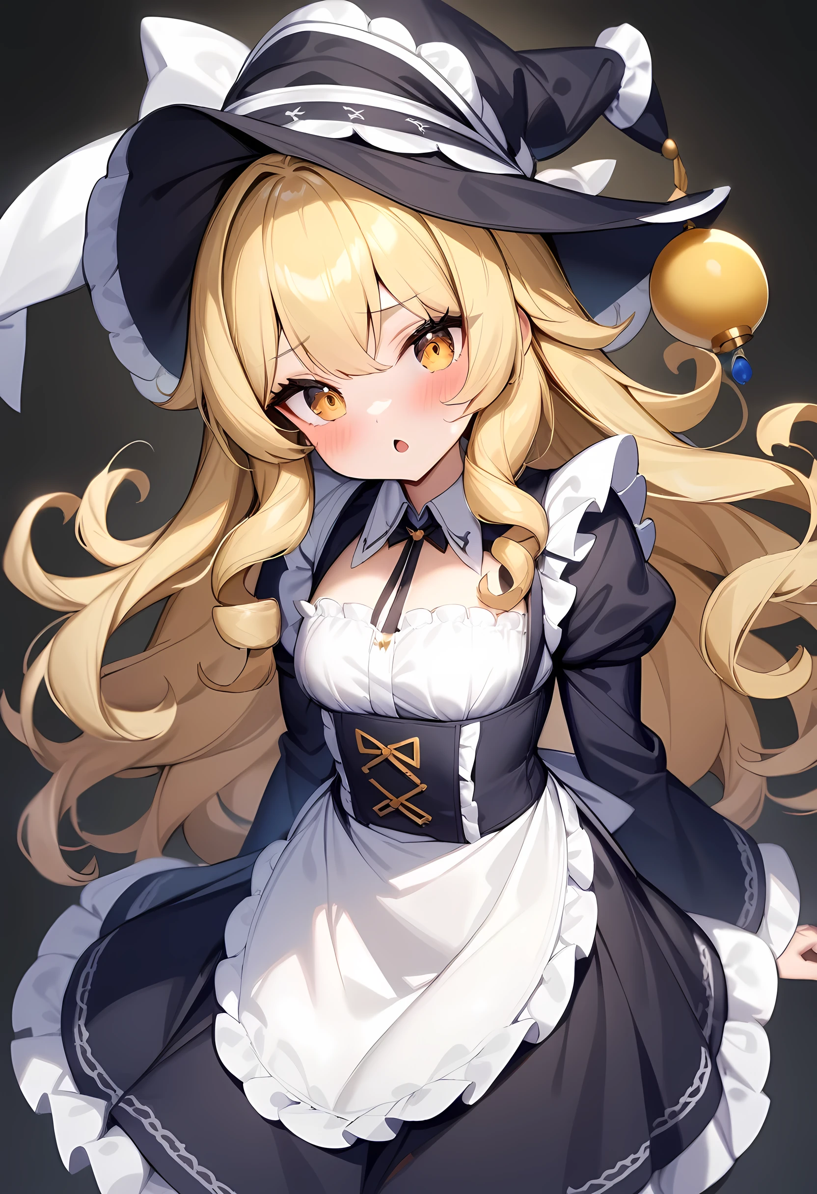 masterpiece, best quality, very aesthetic, absurdres, ORIENTAL PROJECT, marisa kirisame, In Gensokyo, Blonde curly hair, White ribbon witch hat, Navy blue maid clothes, Golden Eyes