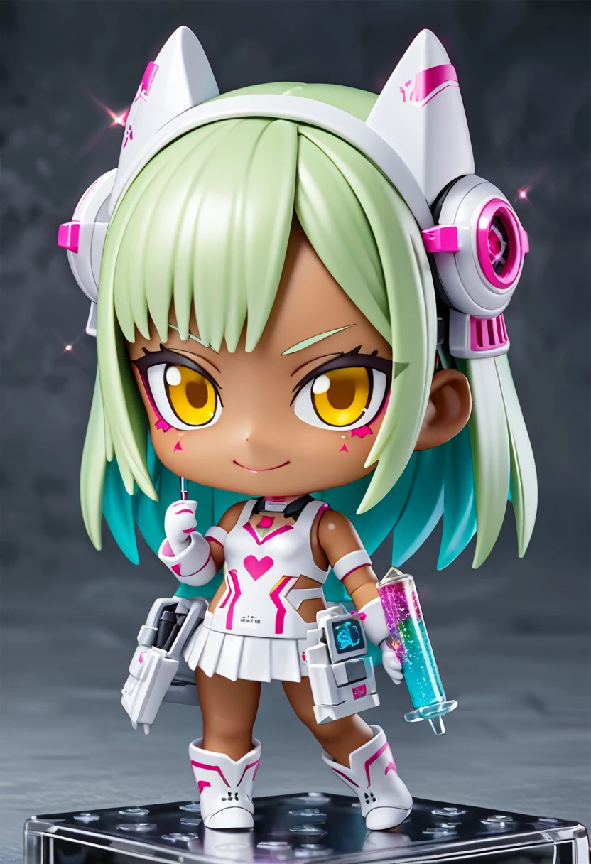 Figure, (chibi, flat,Nendoroid:1.5),octane,3D rendering,(masterpiece, best quality:1.1), (ultra highres, ultra-detailed:1.2) ,1girl,tween,cute, white frog headgear,tanned dark skin,big headgear,lightgreen hair,side bangs,white sleeveless nurse one piece,white frog gloves,mini skirt,white platform boots,small breast,has a large syringe,in cyberpunk metropolis,(fullbody),smile,detailed face, depth of field,Portrait,beautiful lighting, volumetric lighting, dynamic pose,(Glitter:1.5) ,(sparkle:1.5) ,