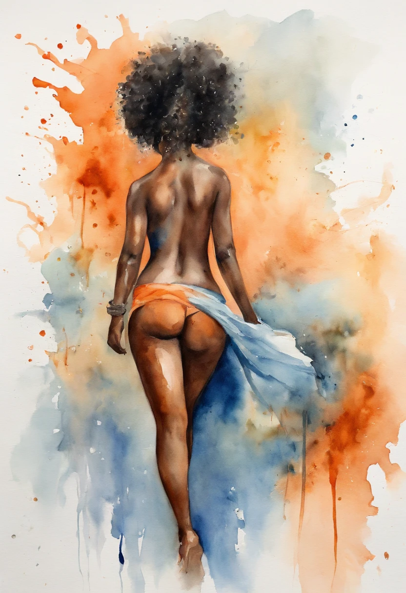 1 black woman nude full body frontal pose black hair Drawing tattoo realism orange and blue nude nude nue small breasts
