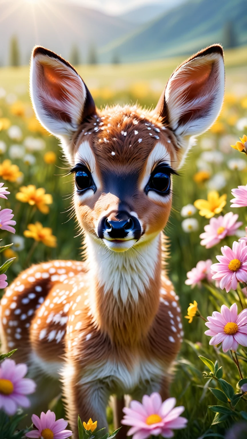 hyperrealistic glamour photo of a cute little baby deer surrounded by beautiful flowers in a meadow, beautiful eyes, sunlight, (high quality:1.2), extremely detailed fur, masterpiece, best quality, photograph, dreamlike, face focus, intricate details, sharp focus, photography, photorealism, photorealistic, soft focus, volumetric light, (****), (intricate details), (hyperdetailed), high detailed, lot of details, high quality, soft cinematic light, dramatic atmosphere, atmospheric perspective, raytracing, subsurface scattering,