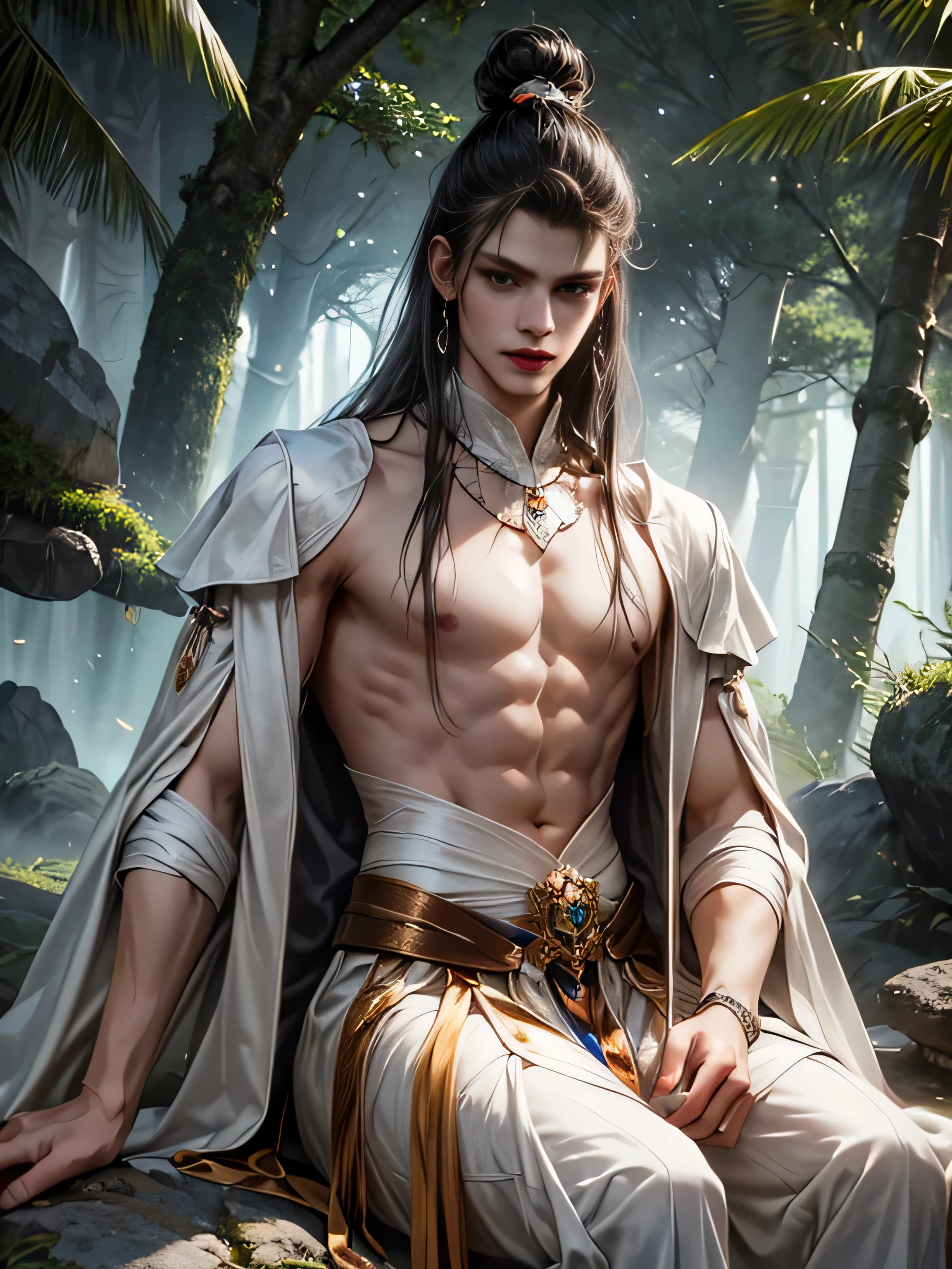 (Best quality, 8K, masterpiece, HDR, soft lighting, perfect image, realistic, Bright), Fox guy sitting on a stone in a forest with a waterfall, landscape with a mountain waterfall in the background, handsome man, he has beautiful blue eyes and a kind smile, black hair, naked torso with developed body, (Fantasy ultra high quality art, latest fantasy), masterpiece, Ultra high quality male and female character designs, anime art with 8k development, realistic anime art, wallpaper illustrations of the highest quality, complex ultra high quality accurate faces of male characters, high quality design and precision physics (ultra high quality fantasy style)), art, dark fantasy)) Style), Masterpieceы, super quality characters, resolution anime - 8k, realistic anime art, highest quality wallpaper illustration, Ultra-high facial detail, high-quality design and physics accuracy), by color, depth of field, to the shadows, ray tracing, high quality and production of computer wallpapers in 8K resolution, Ethereal Fox, meditates, artistic 8k, Calm facial expression, 8k art, meditation pose, zen meditation cyberpunk, fantasy love fox, Dark Fox Mage, (Accurate simulation of the interaction of light and material)], [Carefully detailed hair [Read more about beautiful and shiny hair]], (Perfectly detailed hands [perfect fingers [Beautiful nails]], (perfect anatomy (perfect proportions)) [[ Look at full growth]], [Ideal color coordination (Accurate simulation of the interaction of light and material)], [art, conveying the meaning of history]