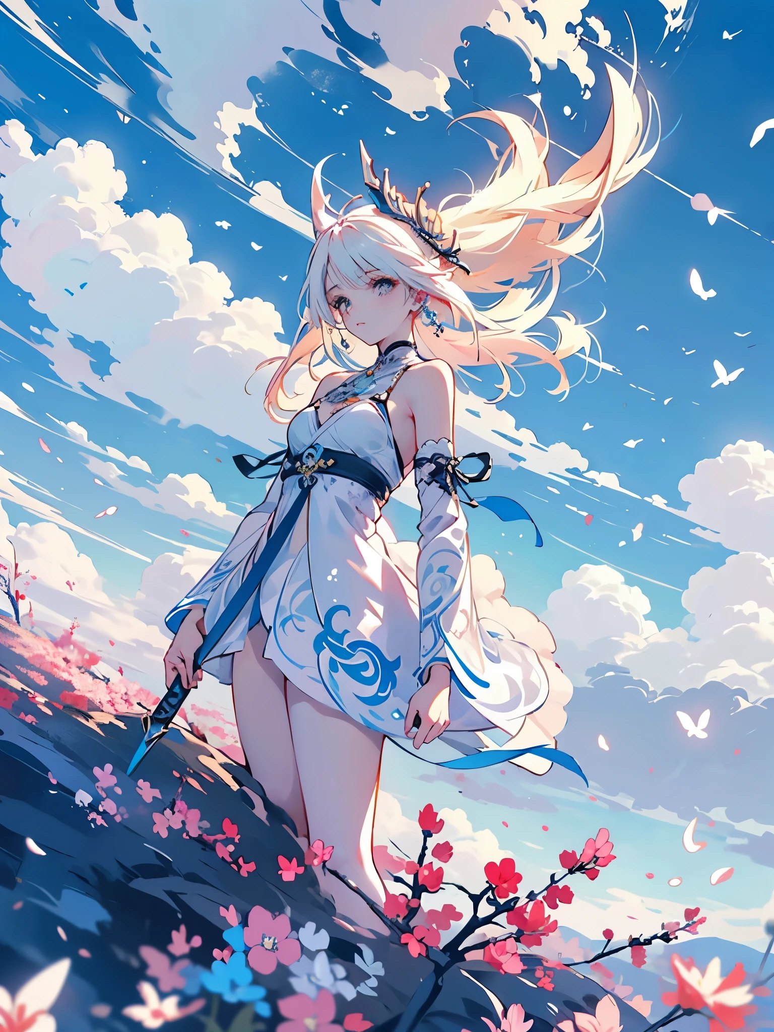 Detalhes extremos, Perfeito, aerial view, como uma obra de arte, garota de anime segurando uma espada de gelo e neve, cabelo rosa e saia longa roxa se complementam, olhando para o distante Ayaka Genshin, nos levando ao mundo de Genshin.