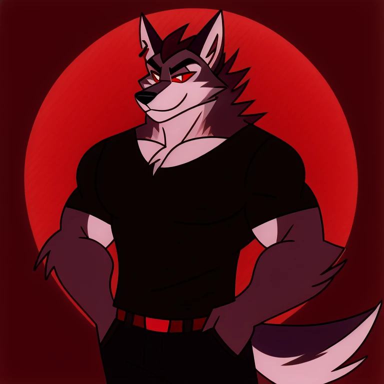 (masterpiece, best quality:1.2), Vortex hellhound, wolf, furry, helluva boss, he wears a black t-shirt with a gray vest with red spikes on the shoulders and black pants.