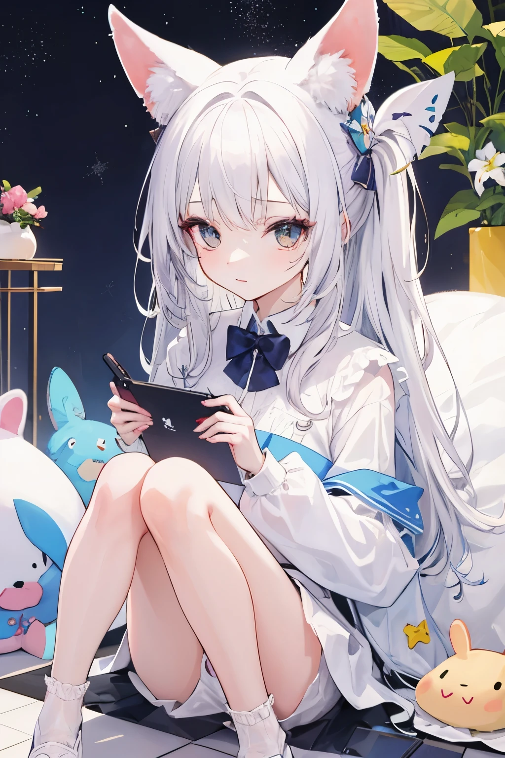 Una chica,cabello blanco,orejas de conejo,estilo chibi,Sostiene una tablet