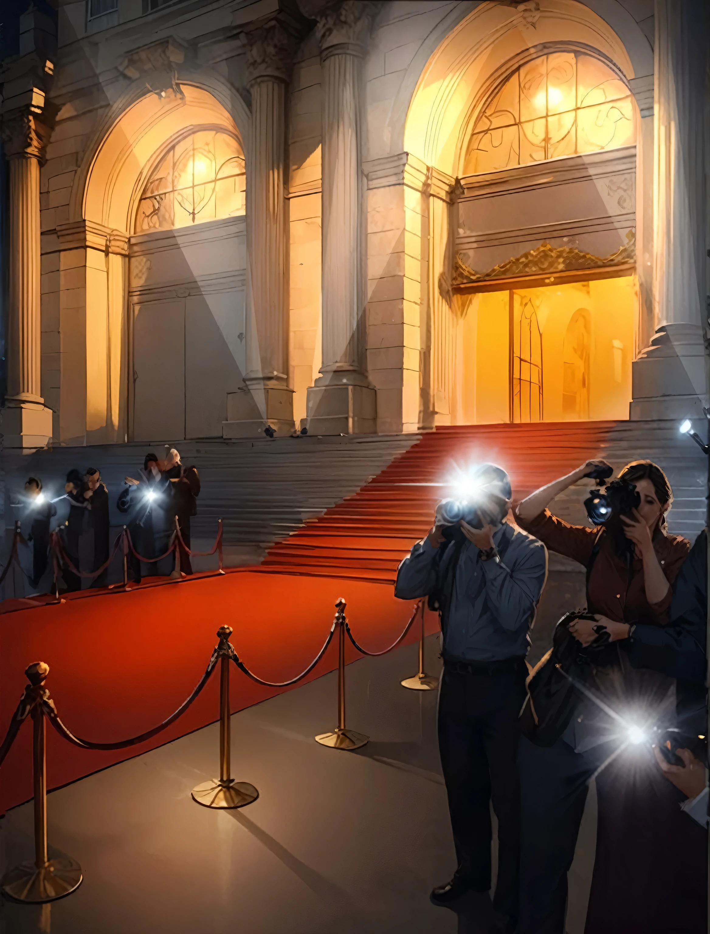 illustration, red carpet, flashlights, photographers, flashlights, night, beautiful building, masterpiece, storybook style, highly detailed, masterpiece